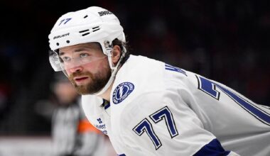 Tampa Bay Lightning defenseman Victor Hedman (77) looks on during the second period of an NHL hockey game against the Washington Capitals, Saturday, March 1, 2025, in Washington. (AP Photo/Nick Wass)