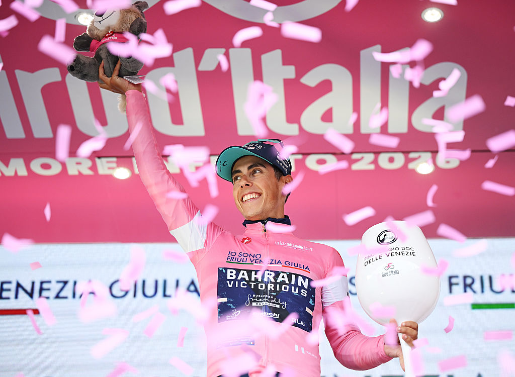 NAPLES, ITALY - MAY 14: Afonso Eulalio of Portugal and Team Bahrain - Victorious celebrates at podium as Pink Leader Jersey winner during the 109th Giro d&amp;apos;Italia 2026, Stage 6 a 141km stage from Paestum to Naples / #UCIWT / on May 14, 2026 in Naples, Italy. (Photo by Dario Belingheri/Getty Images)