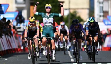 ANTAS DE ULLA, SPAIN - MAY 06: Lotte Kopecky of Belgium and Team SD Worx - Protime - Green Points Jersey celebrates at finish line as stage winner ahead of Anna van der Breggen of Netherlands and Team SD Worx - Protime, Letizia Paternoster of Italy and Team Liv AlUla Jayco and Shari Bossuyt of Belgium and Team AG Insurance - Soudal during the 12th La Vuelta Femenina 2026, Stage 4 a 115.6km stage from Monforte de Lemos to Antas de Ulla / #UCIWWT / on May 06, 2026 in Antas de Ulla, Spain. (Photo by Szymon Gruchalski/Getty Images)