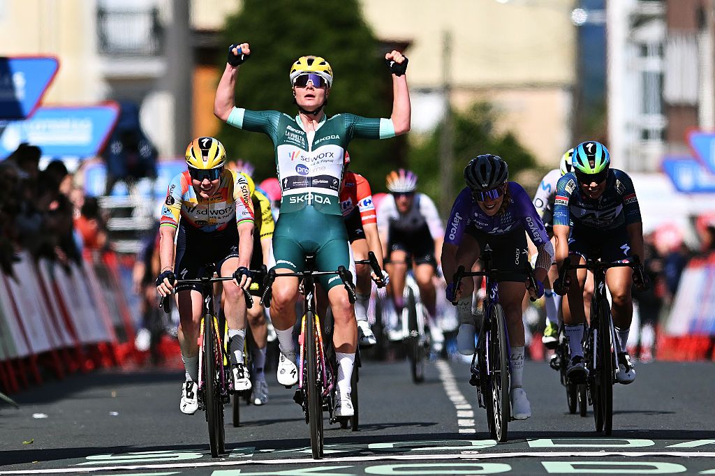 ANTAS DE ULLA, SPAIN - MAY 06: Lotte Kopecky of Belgium and Team SD Worx - Protime - Green Points Jersey celebrates at finish line as stage winner ahead of Anna van der Breggen of Netherlands and Team SD Worx - Protime, Letizia Paternoster of Italy and Team Liv AlUla Jayco and Shari Bossuyt of Belgium and Team AG Insurance - Soudal during the 12th La Vuelta Femenina 2026, Stage 4 a 115.6km stage from Monforte de Lemos to Antas de Ulla / #UCIWWT / on May 06, 2026 in Antas de Ulla, Spain. (Photo by Szymon Gruchalski/Getty Images)