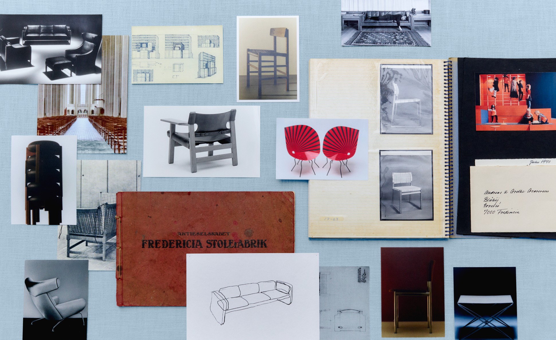 A series of sketches, photos, and design prototypes, placed on paper atop a pale blue background.