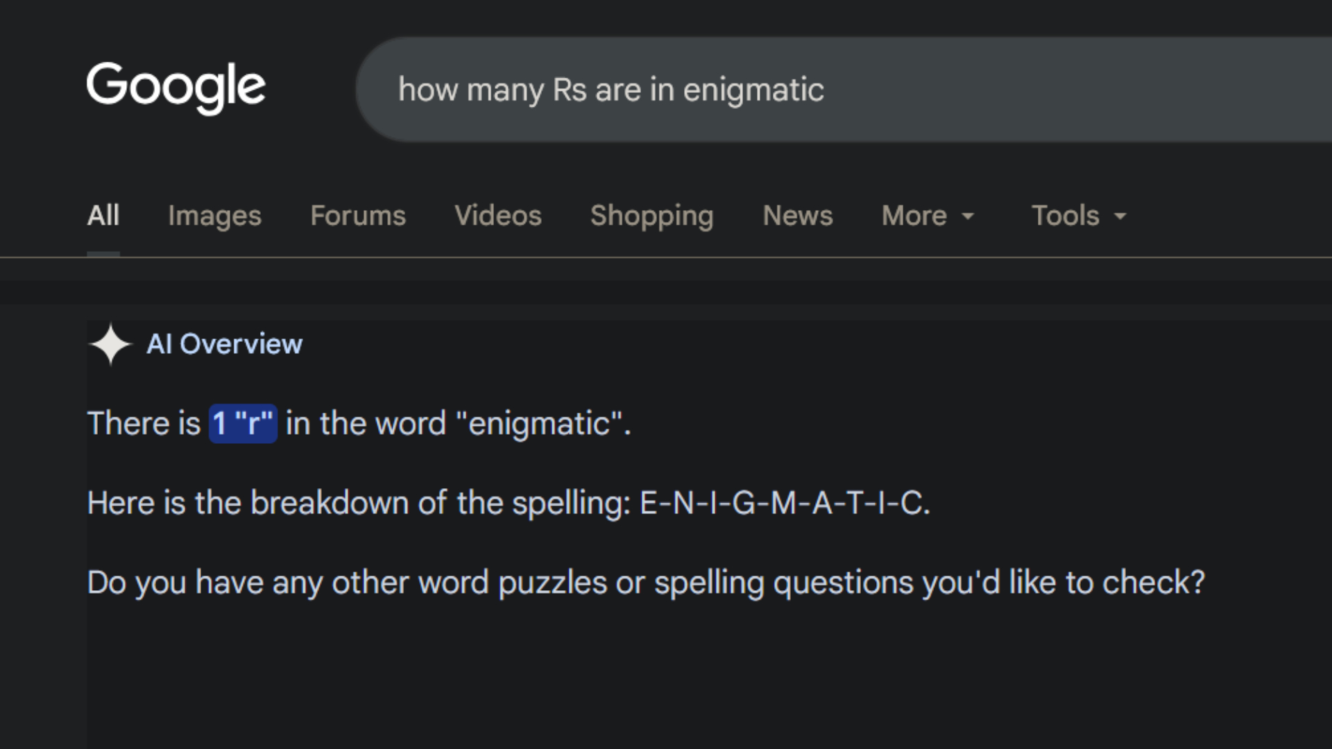 Google AI Overview incorrectly reporting the number of Rs in "enigmatic"