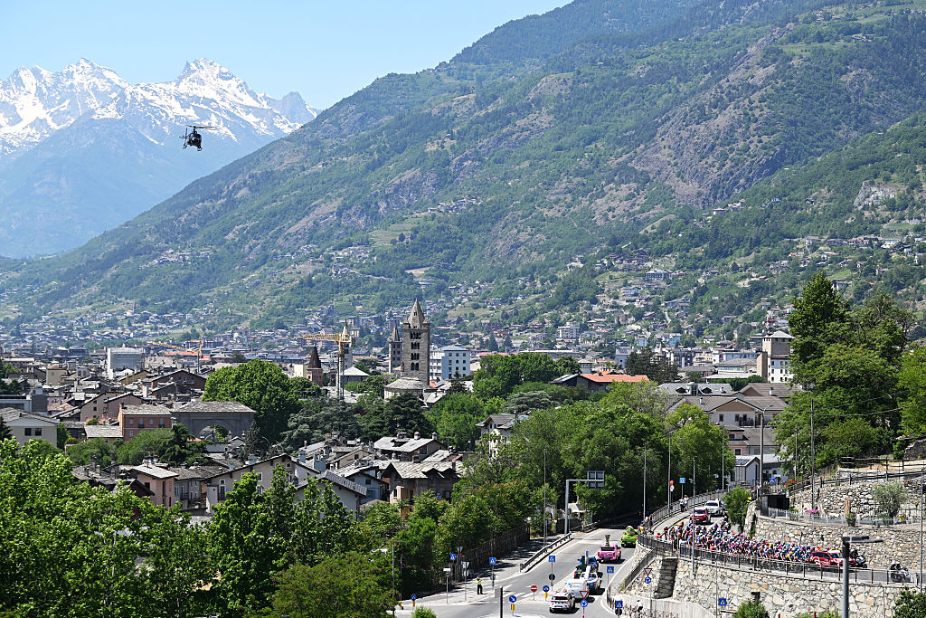 AOSTA, ITALY - MAY 23: A general view of the peloton prior to the 109th Giro d&amp;apos;Italia 2026, Stage 14 a 133km stage from Aosta to Pila -Gressan 1789m / #UCIWT / on May 23, 2026 in Aosta, Italy. (Photo by Tim de Waele/Getty Images)