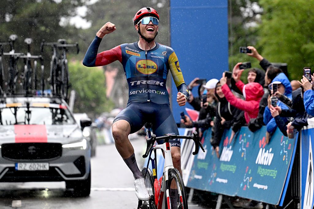 PECS, HUNGARY - MAY 16: Jakob Soderqvist of Sweden and Team Lidl - Trek celebrates at finish line as stage winner during the 47th Tour of Hungary 2026, Stage 4 a 188.2km stage from Mohacs to Pecs 378m on May 16, 2026 in Pecs, Hungary. (Photo by Luc Claessen/Getty Images)