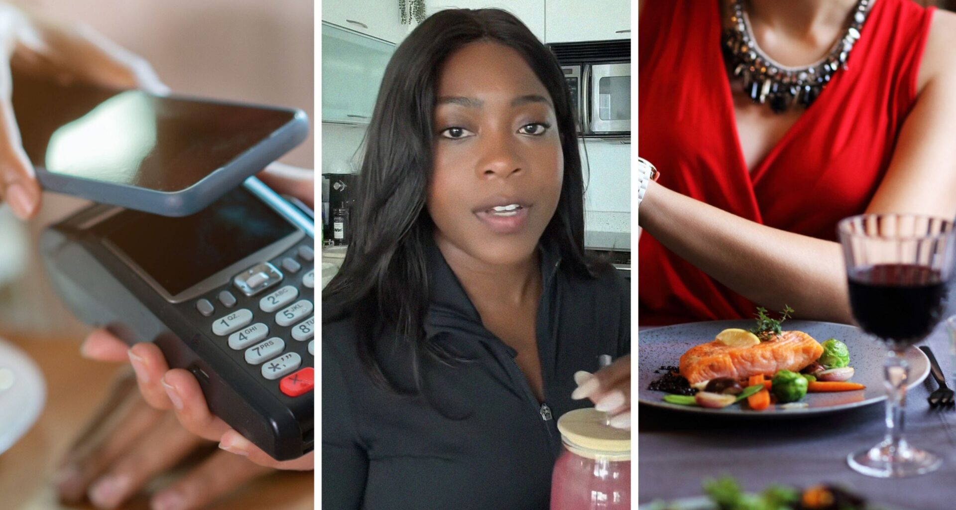 woman attempts to apple pay (l) restaurant manager shares day in the job (c) woman goes to fine dine for her birthday (r)