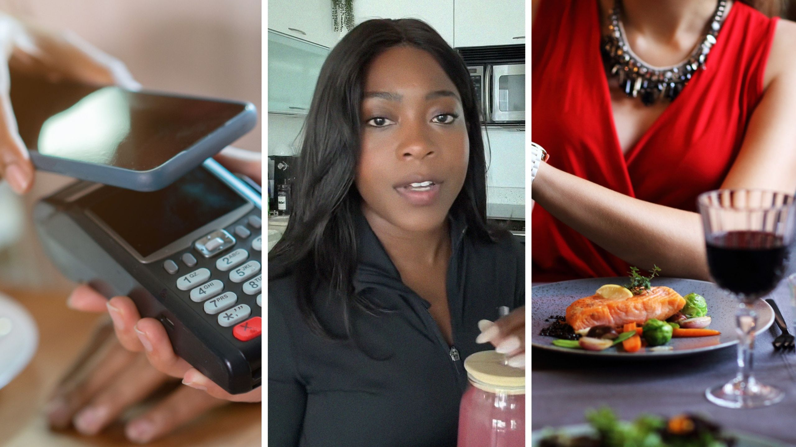 woman attempts to apple pay (l) restaurant manager shares day in the job (c) woman goes to fine dine for her birthday (r)