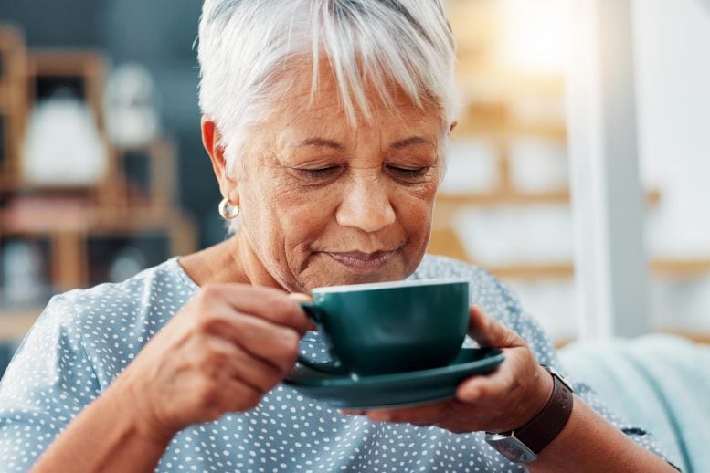 Calm Senior Woman Drinking Coffee Tea