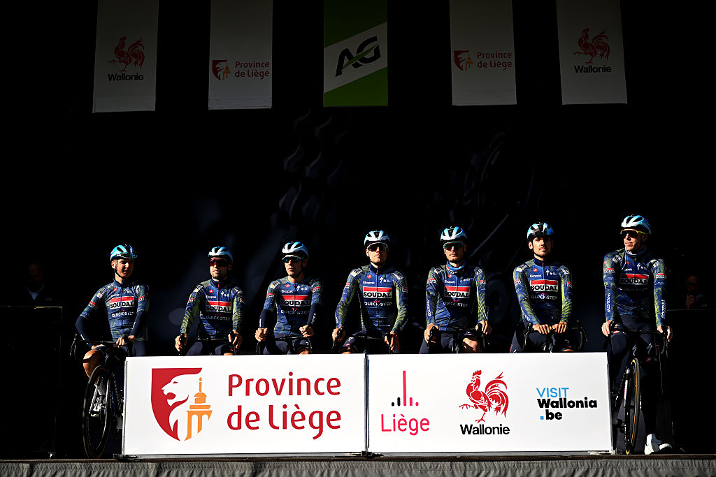LIEGE, BELGIUM - APRIL 26: Maximilian Schachmann of Germany, Steff Cras of Belgium, Pascal Eenkhoorn of Netherlands, Dylan van Baarle of Netherlands, Mauri Vansevenant of Belgium, Louis Vervaecke of Belgium, Filippo Zana of Italy and Team Soudal Quick-Step prior to the 112th Liege - Bastogne - Liege 2026 - Men&amp;apos;s Elite a 259.5km one day race from Liege to Liege / #UCIWT / on April 26, 2026 in Liege, Belgium. (Photo by Dario Belingheri/Getty Images)