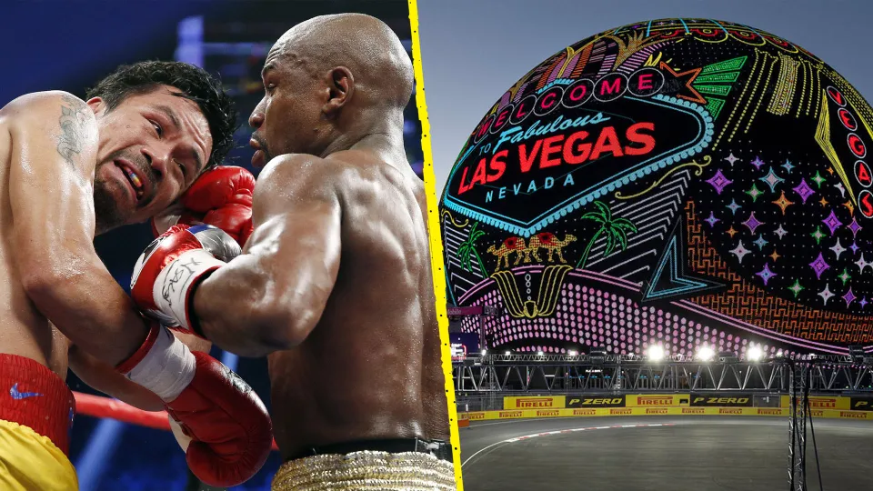 Floyd Mayweather and Manny Pacquiao fighting [left] with Las Vegas' Sphere [right]