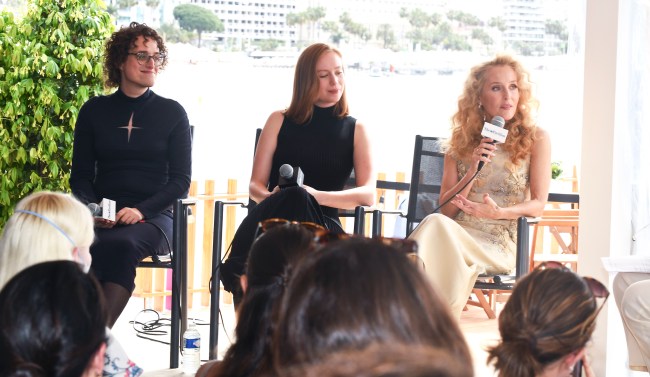 Jane Schoenbrun, Hannah Einbinder, and Gillian Anderson at the American Pavilion