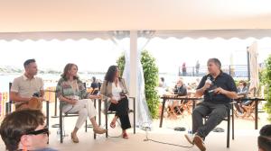 Larry Laboe, Colleen Bell, Manijeh Fata and Chris O'Falt at the American Pavilion - Day 3 during the 79th Annual Cannes Film Festival on May 14, 2026 in Cannes, France.