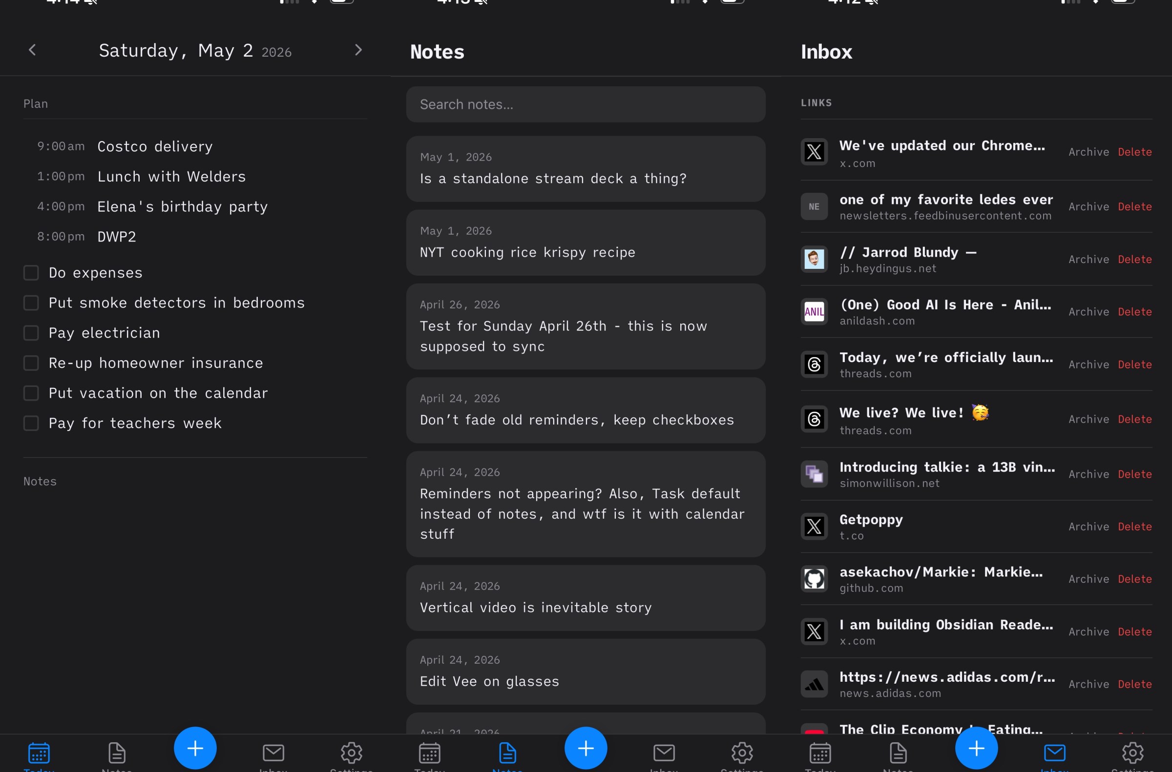 Three screenshots of a productivity app, showing notes, tasks, and events.