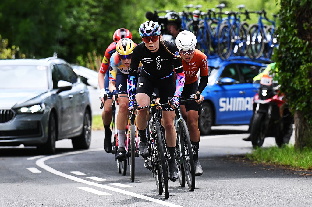 Antonia Niedermaier (CANYON-SRAM zondacrypto) leads the front group during stage 1 of the 5th Itzulia Women on May 15, 2026 in Zarautz, Spain. (Photo by Szymon Gruchalski/Getty Images)