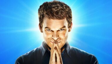Dexter puts his hands together in a prayer position in front of his face