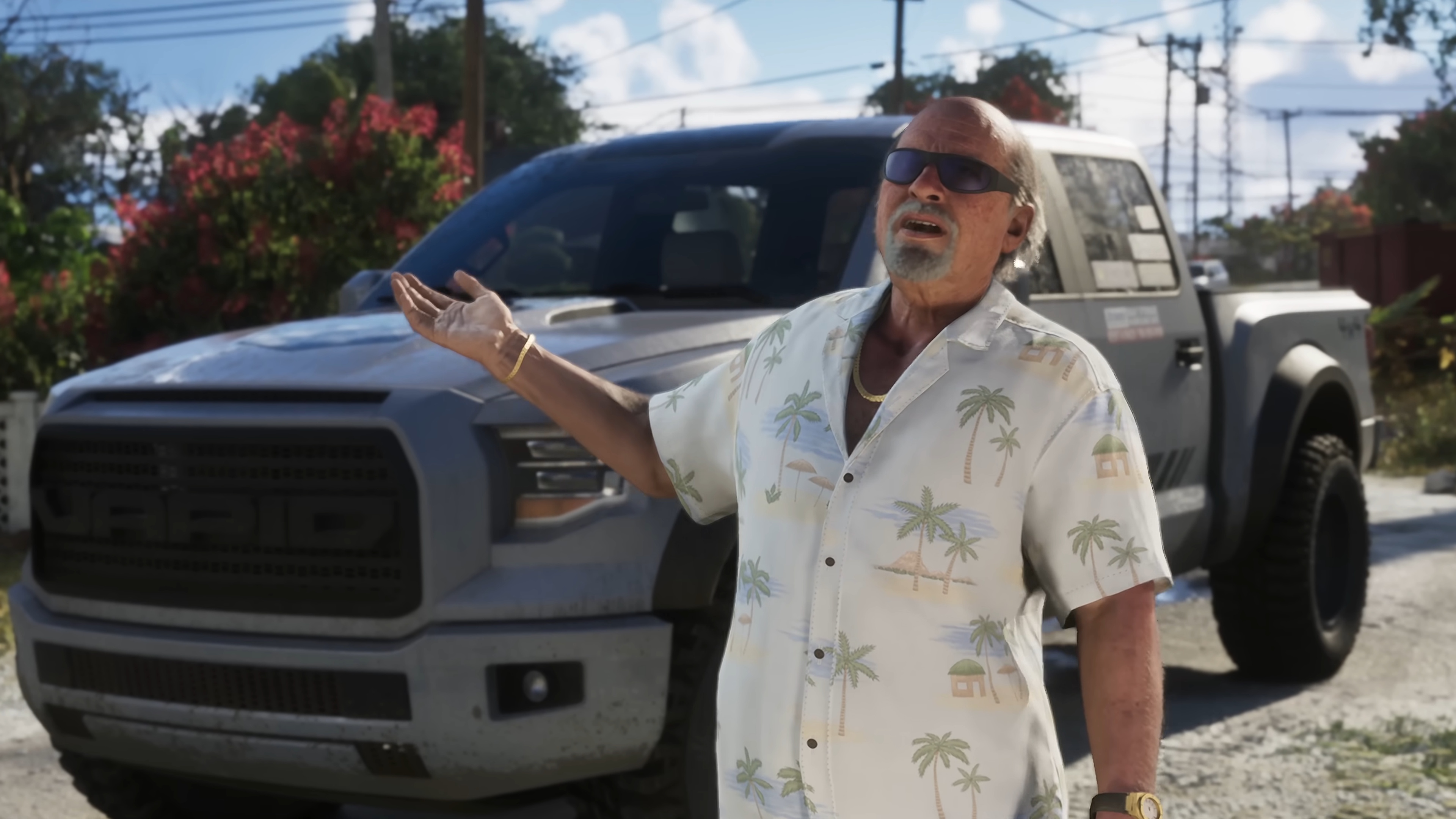 Grand Theft Auto 6 trailer still - bald man in sunglasses standing in front of an average-sized American pickup truck