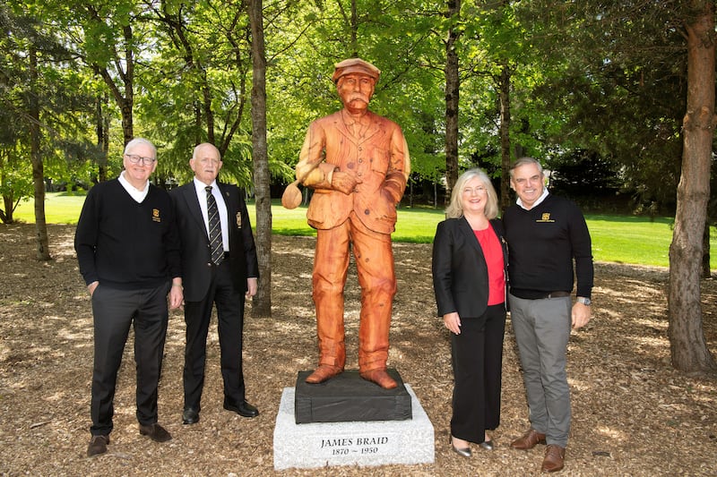 Grange Golf Club president Michael Quinn, 2026 captain Niall Barry, 2026 captain Leah Kenny, and Paul McGinley at the unveiling of the sculpture of James Braid