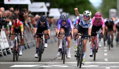 PAMPLONA, SPAIN - MAY 13: Cat Ferguson of Great Britain and Team Movistar celebrates at finish line as race winner during the 6th Navarra Women&amp;apos;s Elite Classic 2026 a 133.4km one day race from Pamplona to Pamplona on May 13, 2026 in Pamplona, Spain. (Photo by Szymon Gruchalski/Getty Images)