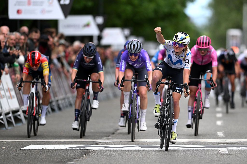 PAMPLONA, SPAIN - MAY 13: Cat Ferguson of Great Britain and Team Movistar celebrates at finish line as race winner during the 6th Navarra Women&amp;apos;s Elite Classic 2026 a 133.4km one day race from Pamplona to Pamplona on May 13, 2026 in Pamplona, Spain. (Photo by Szymon Gruchalski/Getty Images)