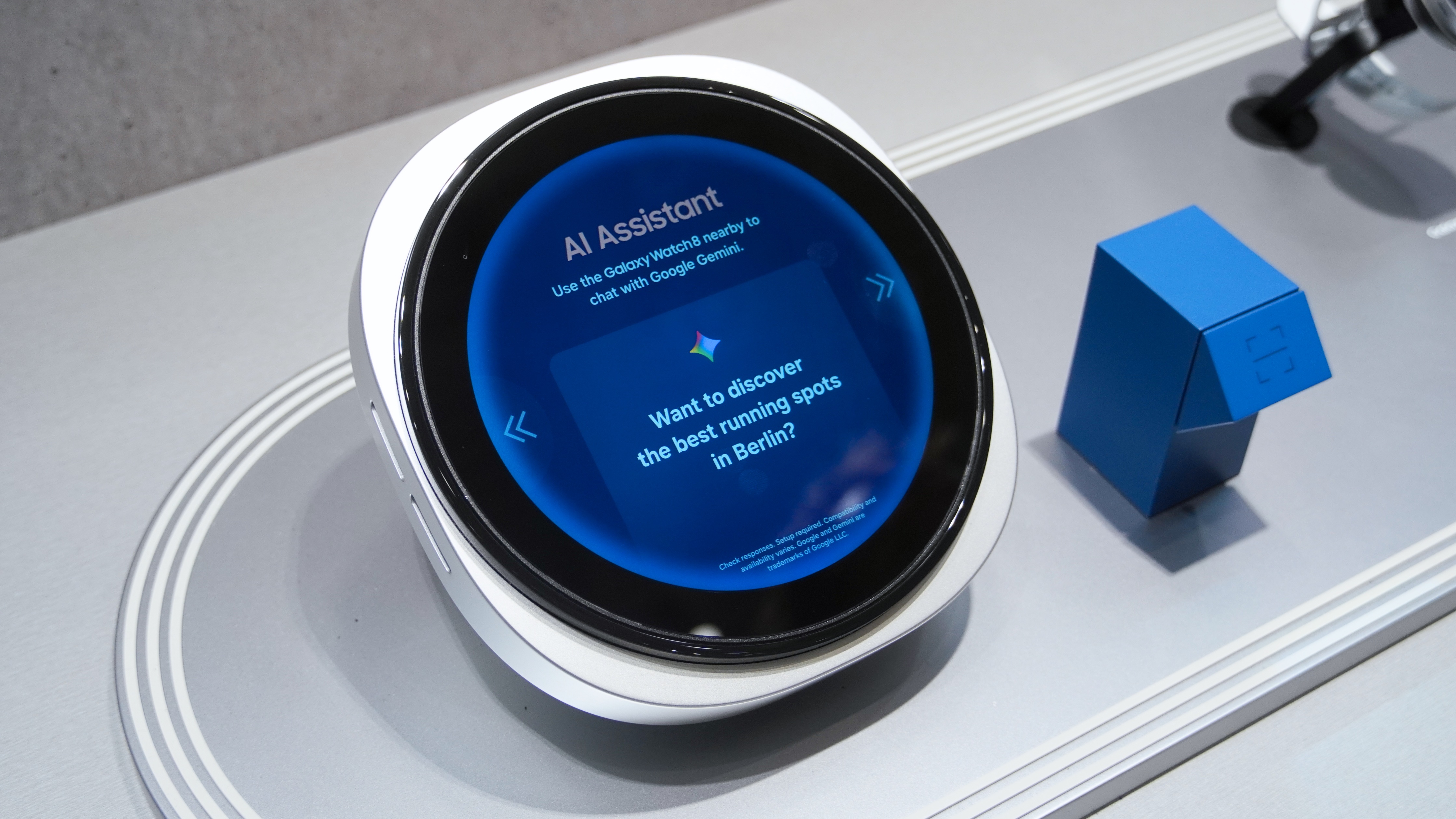 A supersized Galaxy Watch 8 showing off Running Coach at IFA 2025.