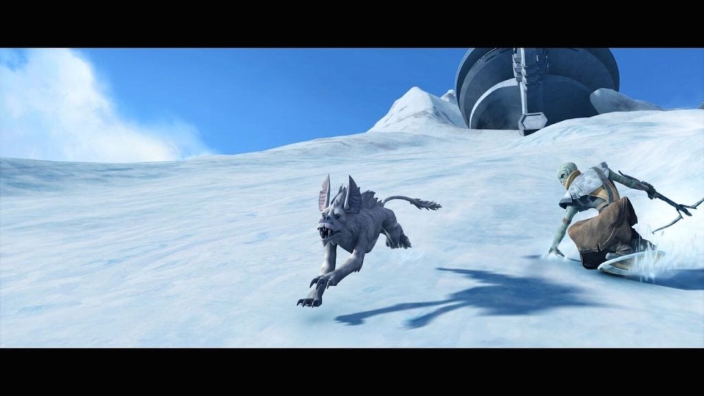Embo slides down a mountain on his hat with Marrok running beside him