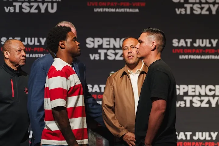 Errol Spence Jnr (left) and Tim Tszyu at the kick-off press conference for their upcoming bout on July 26. (May 2, 2026)