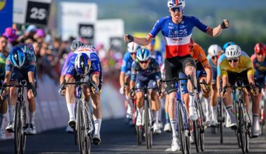 INEOS Grenadiers&rsquo; French rider Dorion Godon (2ndR) celebrates after crossing the finish line winning the third stage of the Tour of Romandie UCI cycling World tour, a 176.6 km loop departing and arriving in Orbe, Switzerland, on May, 1, 2026. (Photo by Fabrice COFFRINI / AFP)