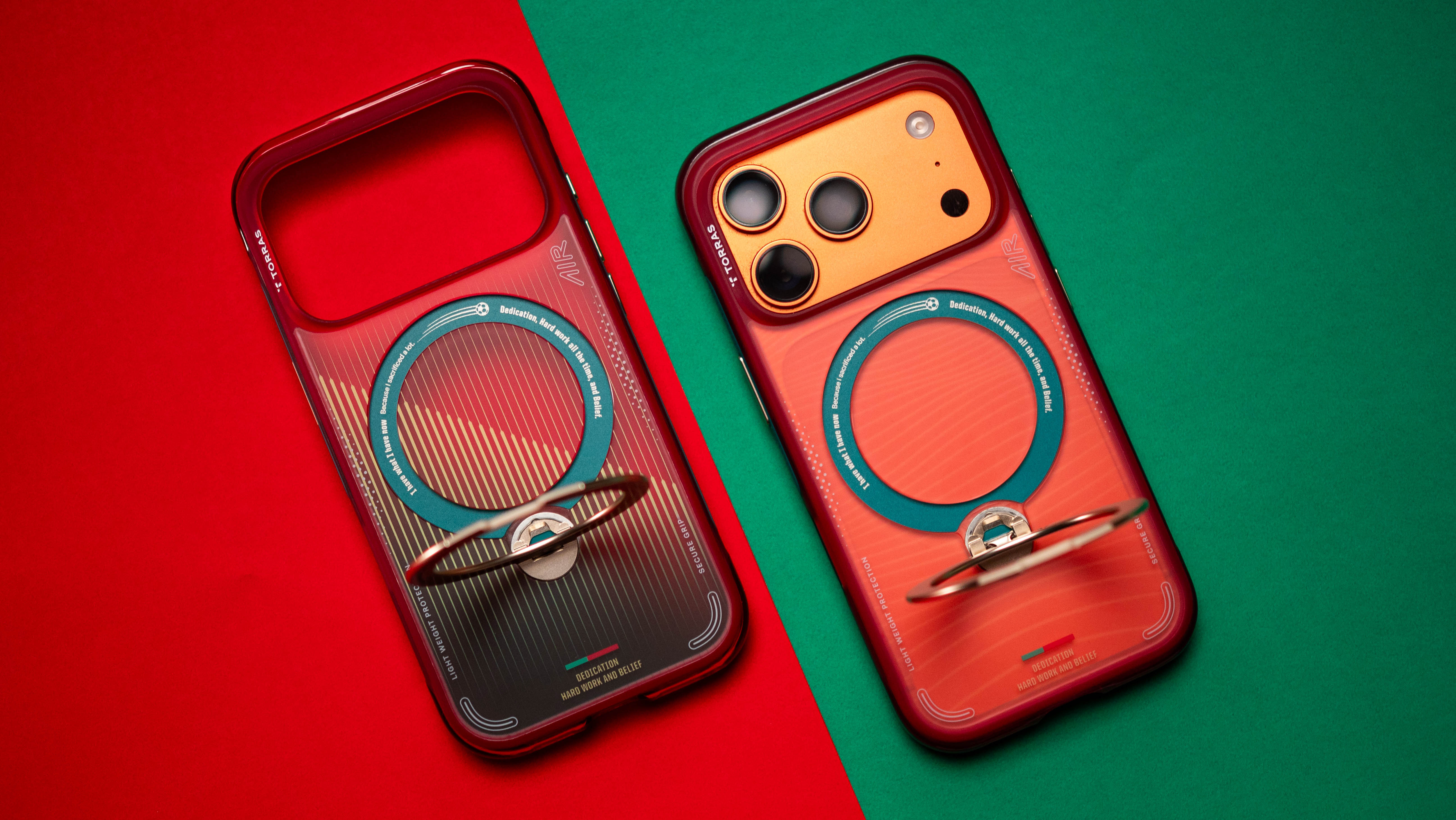 Torras Portugal football collab showing Ostand Q3 Air cases designed for the iPhone 17 Pro