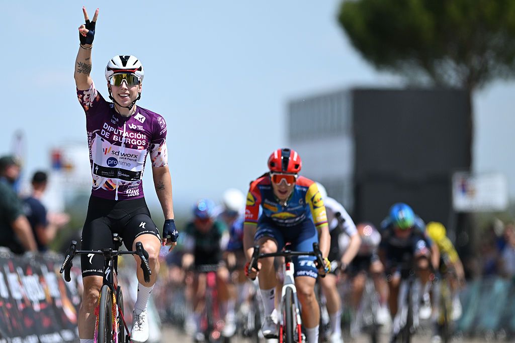 PEDROSA DEL DUERO, SPAIN - MAY 22: Lorena Wiebes of Netherlands and Team SD Worx - Protime - Purple Leader Jersey celebrates at finish line as stage winner during the 11th Vuelta a Burgos Feminas 2026, Stage 2 a 122km stage Castrojeriz to Bodega Vi&ntilde;a Pedrosa. Pedrosa de Duero / #UCIWWT / on May 22, 2026 in Pedrosa de Duero, Spain. (Photo by Szymon Gruchalski/Getty Images)