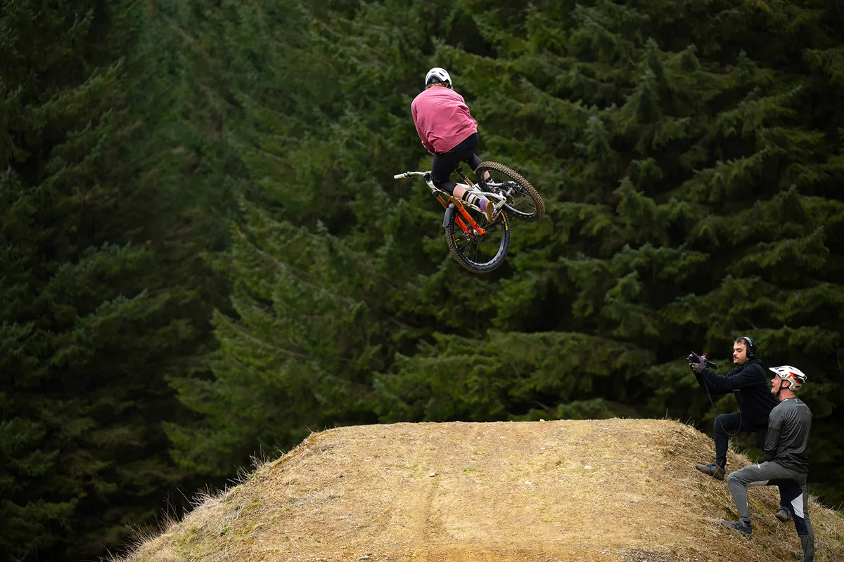 Bernard Kerr in mid jump at BikePark Wales