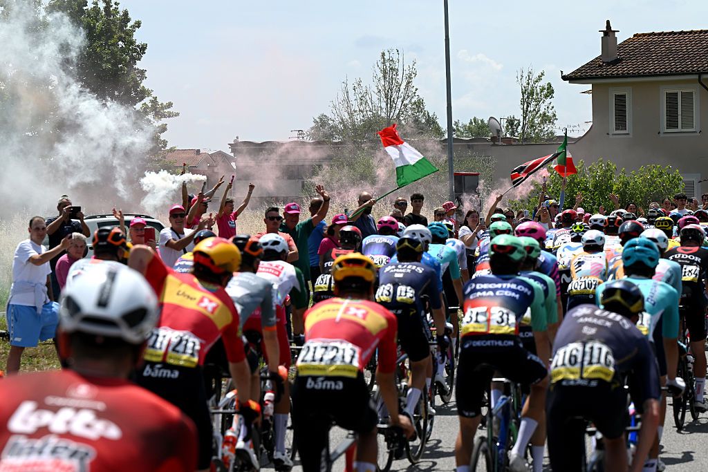 PORCARI, ITALY - MAY 20: A general view of the peloton competing prior to the 109th Giro d&amp;amp;apos;Italia 2026, Stage 11 a 195km stage from Porcari to Chiavari / #UCIWT / on May 20, 2026 in Porcari, Italy. (Photo by Dario Belingheri/Getty Image)