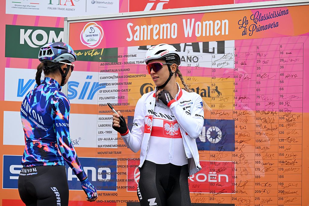 GENOVA, ITALY - MARCH 21: Kasia Niewiadoma of Poland and Team CANYON//SRAM zondacrypto prior to the 8th Milano-Sanremo Donne 2026, Women&amp;apos;s Elite a 156km one day race from Genova to Sanremo / #UCIWWT / on March 21, 2026 in Genova, Italy. (Photo by Tim de Waele/Getty Images)