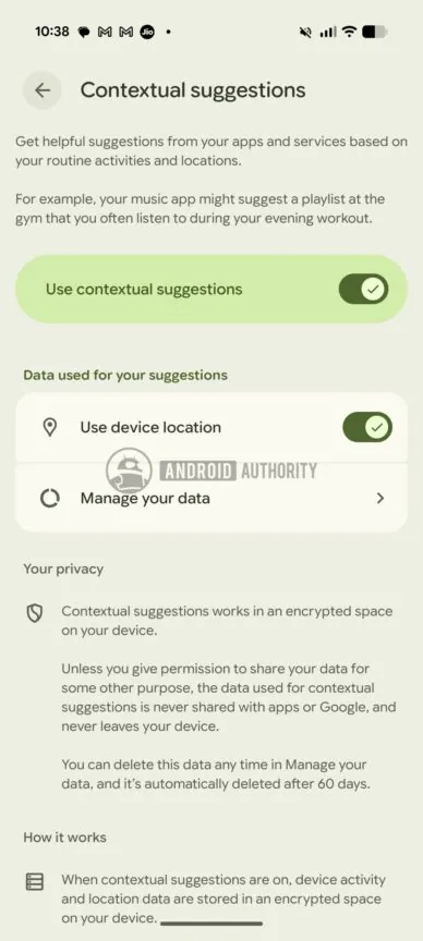 contextual suggestions description page on a Pixel 10
