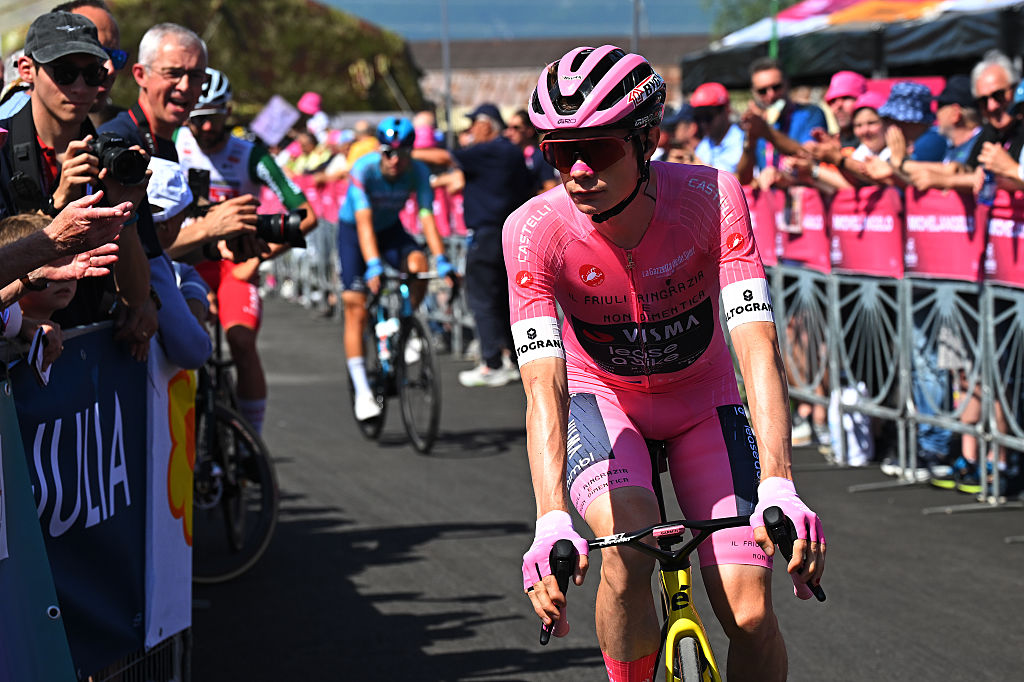 GEMONA DEL FRIULI, ITALY - MAY 30: Jonas Vingegaard of Denmark and Team Visma | Lease a Bike - Pink Leader Jersey prior to the 109th Giro d&amp;apos;Italia 2026, Stage 20 a 200km stage from Gemona del Friuli to Piancavallo 1289m / #UCIWT / on May 30, 2026 in Gemona del Friuli, Italy. (Photo by Tim de Waele/Getty Images)