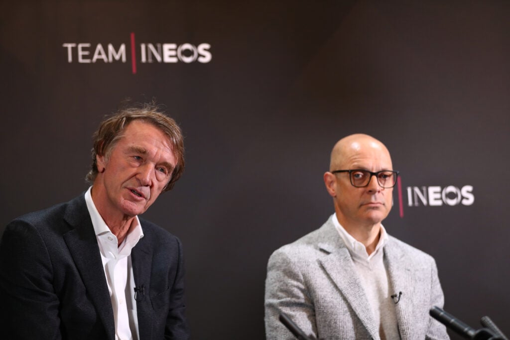 Ineos chief and Manchester United co-owner Sir Jim Ratcliffe and Sir Dave Brailsford on May 01, 2019, in Yorkshire, United Kingdom.