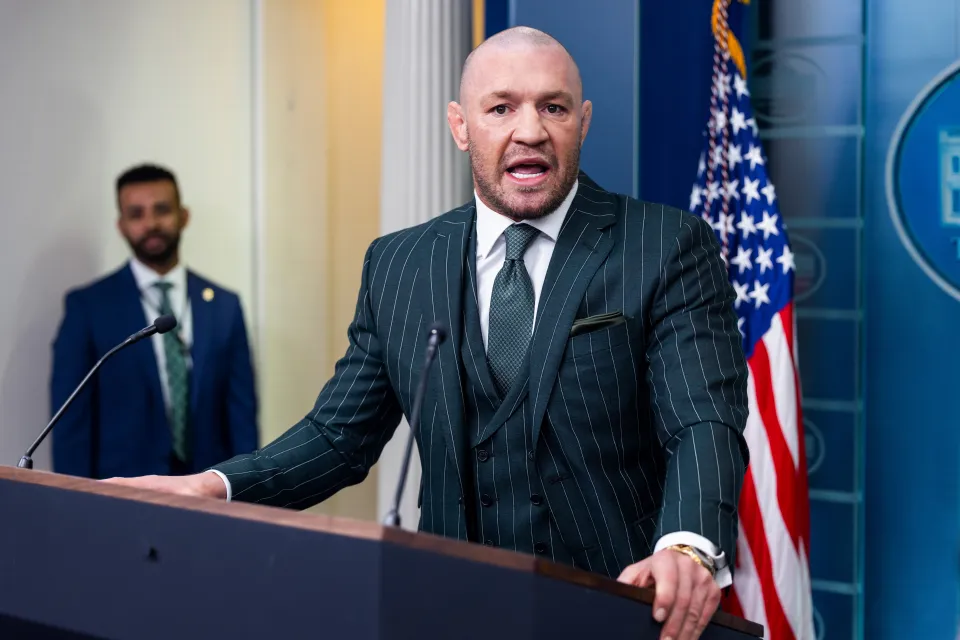 UFC fighter Conor McGregor speaks in the James S. Brady Press Briefing Room of the White House in Washington, DC, US, on Monday, March 17, 2025. McGregor said he was meeting with US President Donald Trump later in the day. Photographer: Jim Lo Scalzo/EPA/Bloomberg via Getty Images