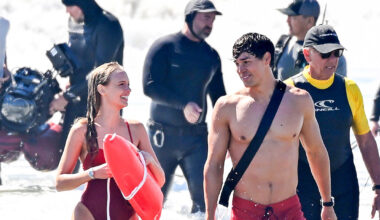 Jessica Belkin and Noah Beck are seen on the set of Baywatch on March 17, 2026 in Venice, California.