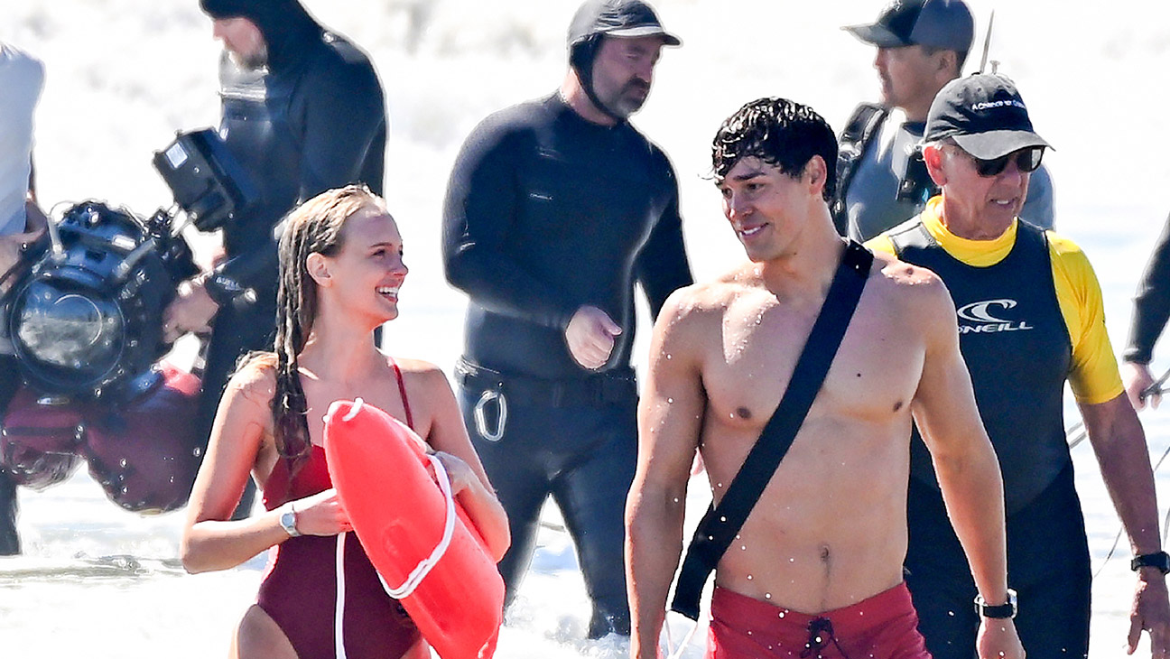 Jessica Belkin and Noah Beck are seen on the set of Baywatch on March 17, 2026 in Venice, California.