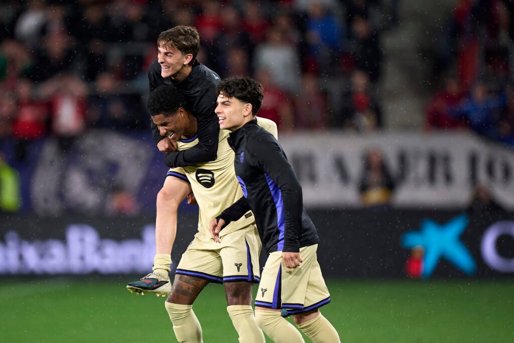 Pablo Gavi of FC Barcelona celebrates victory with teammate Marcus Rashford