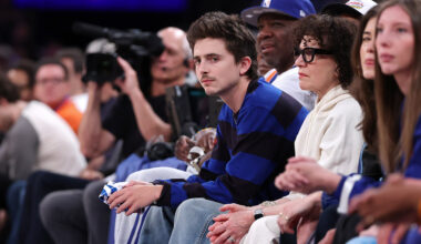 Actor Timothée Chalamet looks on during the second quarter of a game between the Philadelphia 76ers and the New York Knicks in Game One of the Second Round of the NBA Eastern Conference Playoffs at Madison Square Garden on May 04, 2026 in New York City.