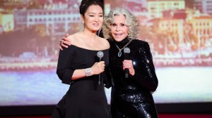 CANNES, FRANCE - MAY 12: Gong Li and Jane Fonda speak on stage during the opening ceremony of the 79th annual Cannes Film Festival at Palais des Festivals on May 12, 2026 in Cannes, France. (Photo by Andreas Rentz/Getty Images)