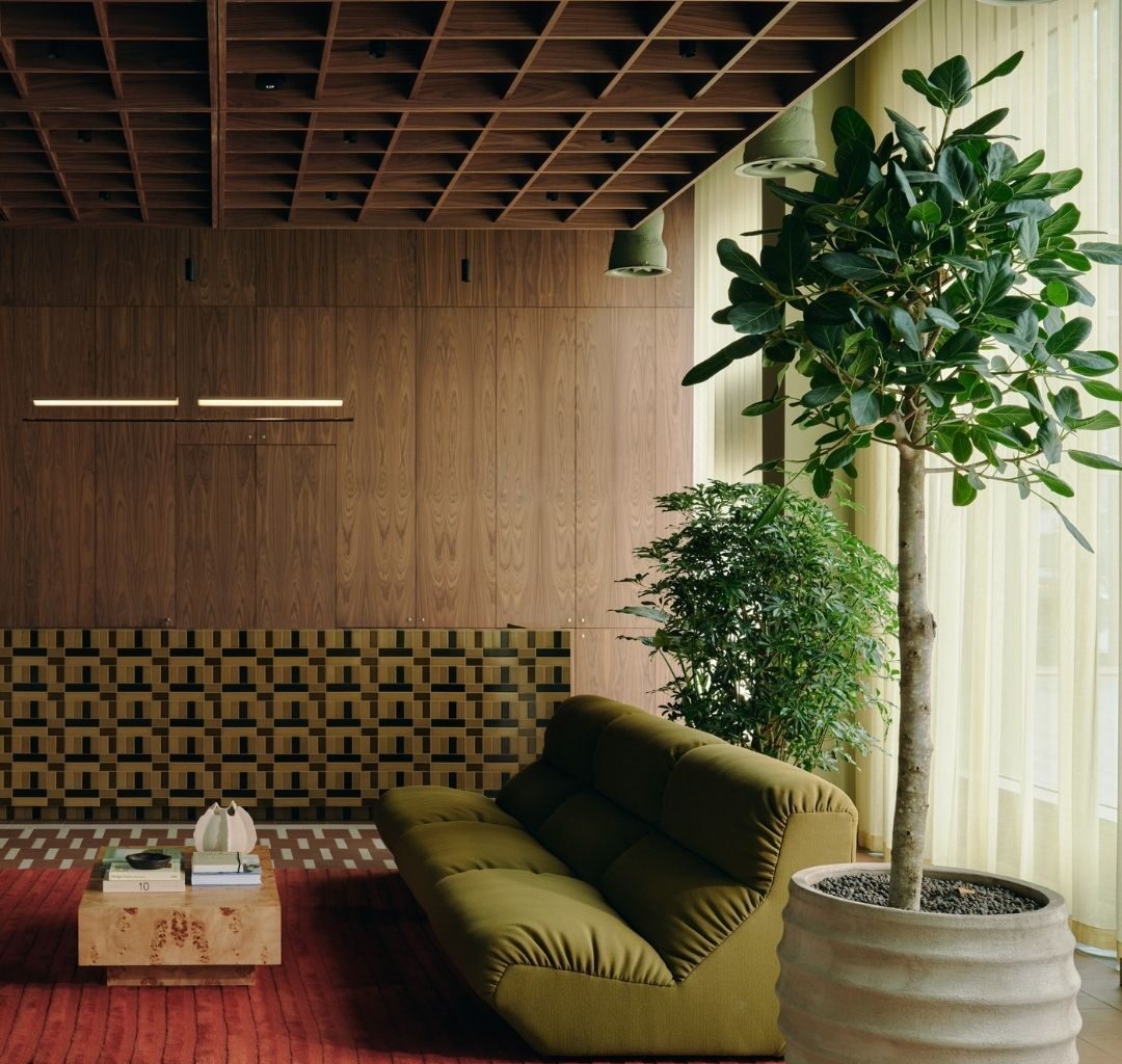 Image of an olive green sofa in a mid-century modern-inspired space with wooden walls and a red rug and lots of plants.
