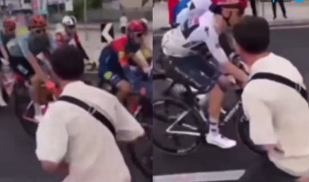Giro d’Italia spectator runs on road pushes Soudal rider during stage six to Naples, 2026