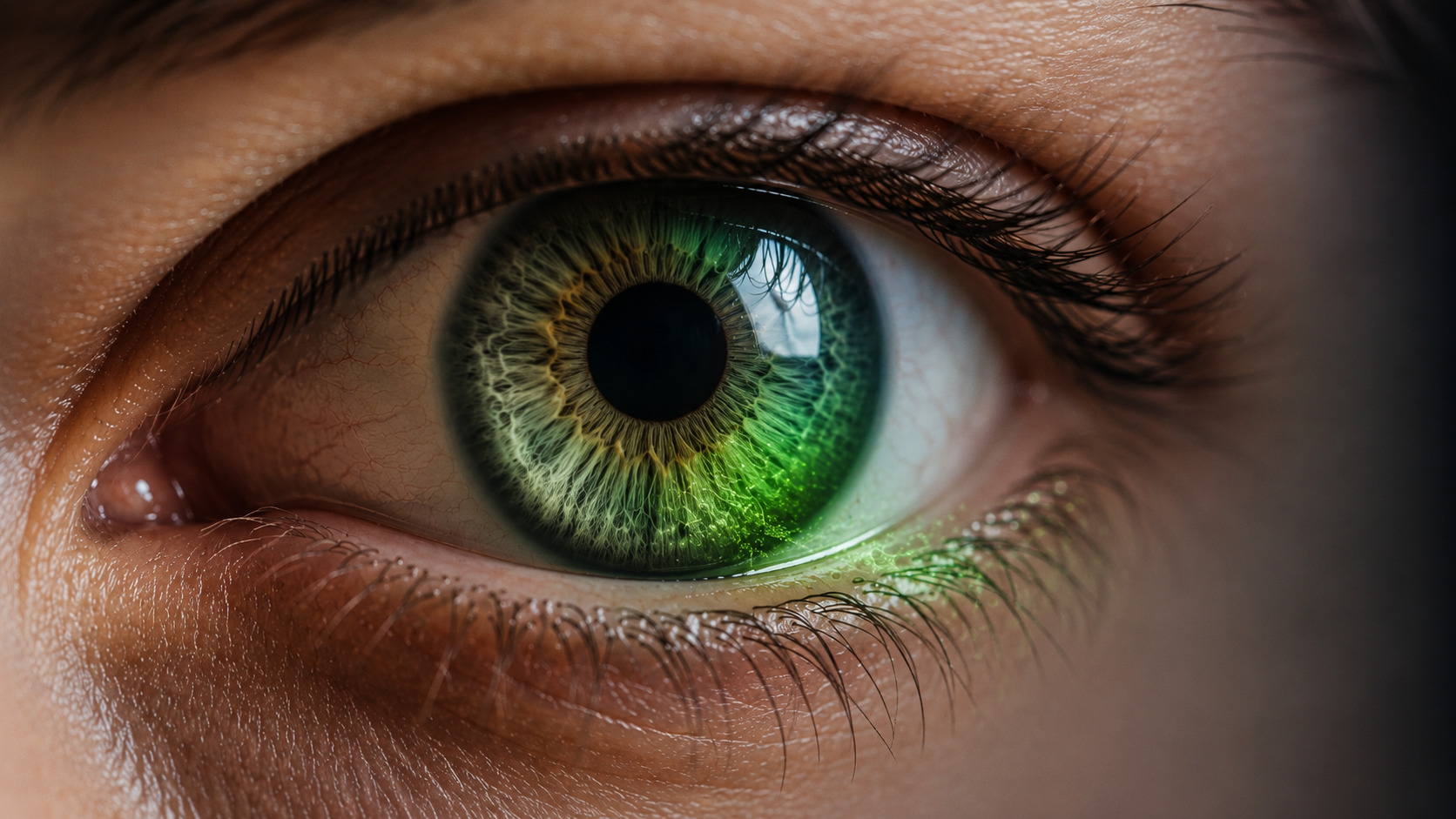 AI illustration of a close-up human eye with a green hue around the iris