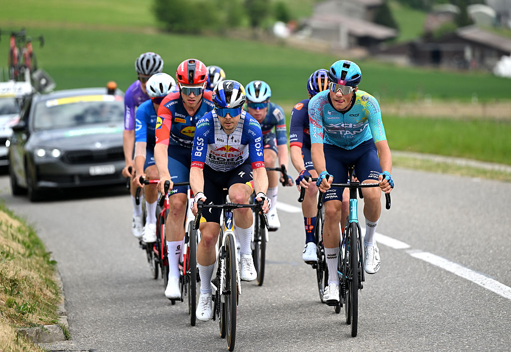 LEYSIN, SWITZERLAND - MAY 03: (L-R) Jakob Soderqvist of Sweden and Team Lidl - Trek, Jan Tratnik of Slovenia and Team Red Bull - BORA - hansgrohe and Marco Schrettl of Austria and Team XDS Astana compete in the breakaway during the 79th Tour de Romandie 2026, Stage 5 a 178.2km from Lucens to Leysin 1312m / #UCIWT / on May 03, 2026 in Leysin, Switzerland. (Photo by Dario Belingheri/Getty Images)