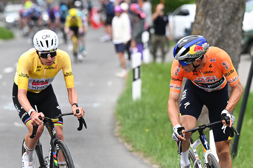 LEYSIN, SWITZERLAND - MAY 03: (L-R) Tadej Pogacar of Slovenia and UAE Team Emirates - XRG - Yellow Leader Jersey and Florian Lipowitz of Germany and Team Red Bull - BORA - hansgrohe - Orange Points Jersey compete in the breakaway during the 79th Tour de Romandie 2026, Stage 5 a 178.2km from Lucens to Leysin 1312m / #UCIWT / on May 03, 2026 in Leysin, Switzerland. (Photo by Dario Belingheri/Getty Images)