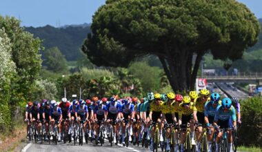 COSENZA, ITALY - MAY 12: A general view of the peloton competing during the 109th Giro d&amp;apos;Italia 2026, Stage 4 a 138km stage from Catanzaro to Cosenza / #UCIWT / on May 12, 2026 in Cosenza, Italy. (Photo by Tim de Waele/Getty Images)