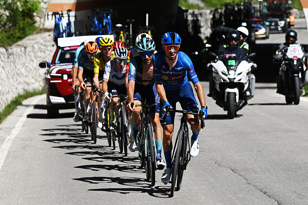 ALLEGHE, ITALY - MAY 29: (L-R) Damiano Caruso of Italy and Team Bahrain - Victorious and Giulio Ciccone of Italy and Team Lidl - Trek - Blue Mountain Jersey compete in the breakaway during the 109th Giro d&amp;apos;Italia 2026, Stage 19 a 151km stage from Feltre to Alleghe - Piani di Pezze 1467m / #UCIWT / on May 29, 2026 in Alleghe, Italy. (Photo by Dario Belingheri/Getty Images)