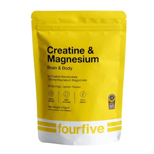 Fourfive Creatine &amp; Magnesium Powder (creatine Monohydrate) Easy Dissolve &amp; Vegan With Lemon Flavour, Strength Power &amp; Recovery - 270g Pouch (30 Servings)
