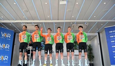 LA GARDE, FRANCE - FEBRUARY 21: Theo Delacroix of France, Lucas Beneteau of France, Romain Cardis of France, Simon Guglielmi of France, Antoine Berger of France, Axel Bouquet of France and Team St Michel - Preference Home - Auber93 prior to the 3rd Classic Var 2026 a 176.6km one day race from La Garde to Brignoles on February 21, 2026 in La Garde, France. (Photo by Billy Ceusters/Getty Images)