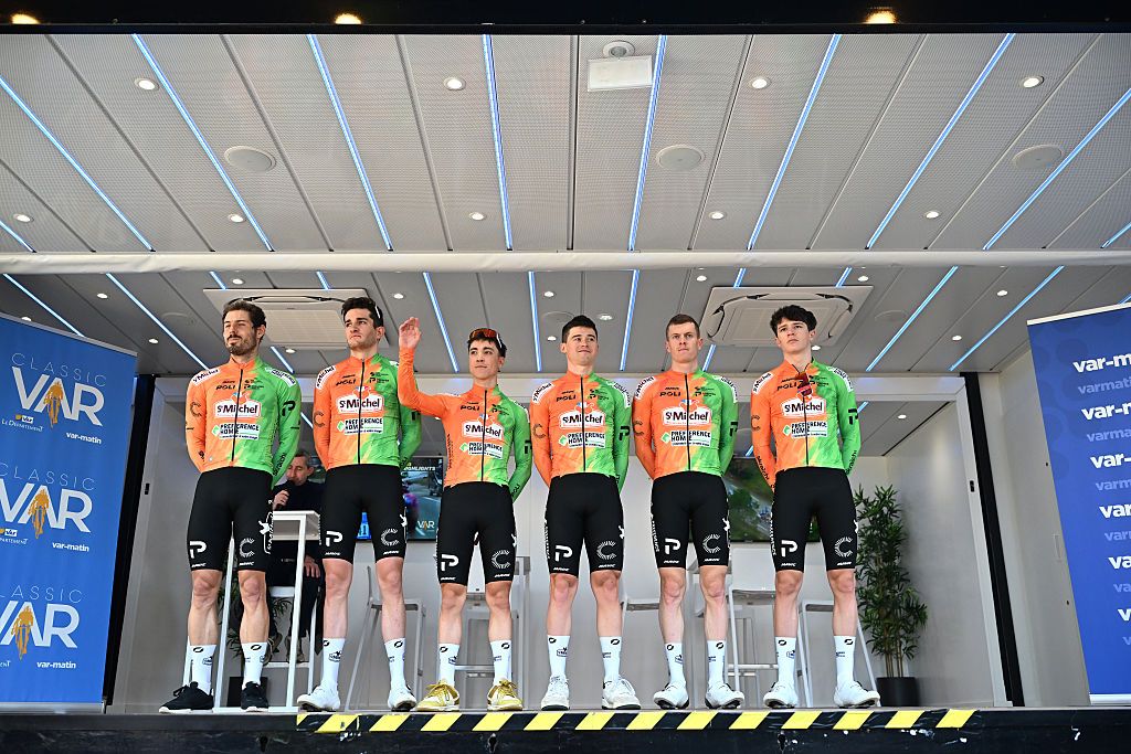 LA GARDE, FRANCE - FEBRUARY 21: Theo Delacroix of France, Lucas Beneteau of France, Romain Cardis of France, Simon Guglielmi of France, Antoine Berger of France, Axel Bouquet of France and Team St Michel - Preference Home - Auber93 prior to the 3rd Classic Var 2026 a 176.6km one day race from La Garde to Brignoles on February 21, 2026 in La Garde, France. (Photo by Billy Ceusters/Getty Images)